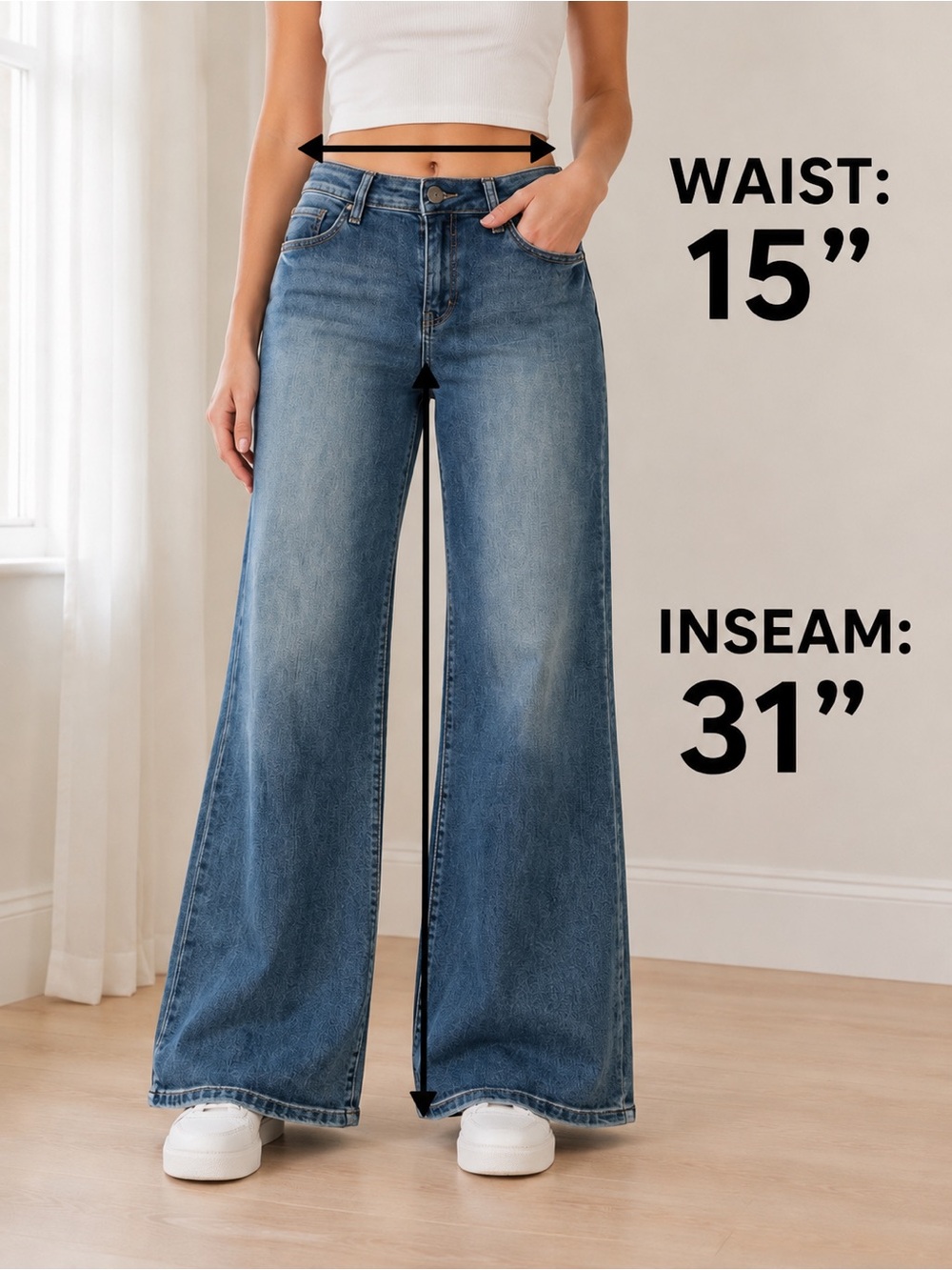YMI Women's High-Rise Y2K Wide Leg Jeans/Distressed Medium Blue Wash - Picture 2 of 7